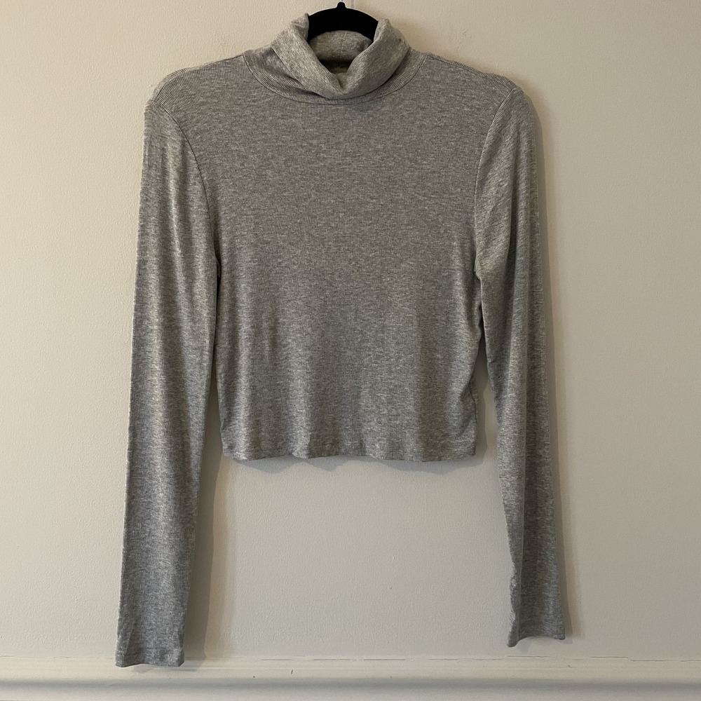 Aritzia Sunday Best Rib Knit Turtleneck Long Sleeve Top Gray‎ Sz M Cropped Basic